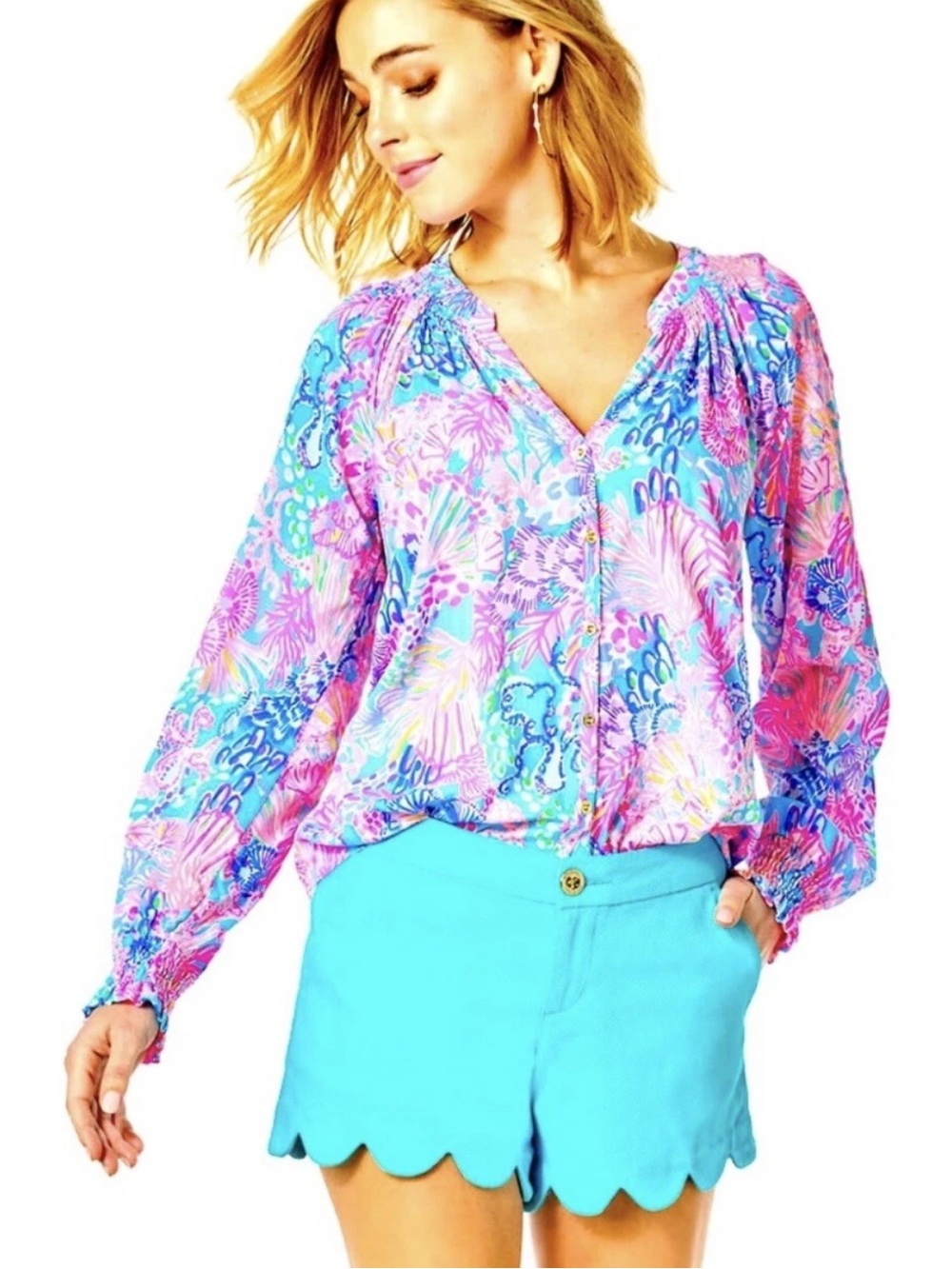 Lilly Pulitzer Nolena Top Long-Sleeve Blouse Women’s Small Splendor in the Sands
